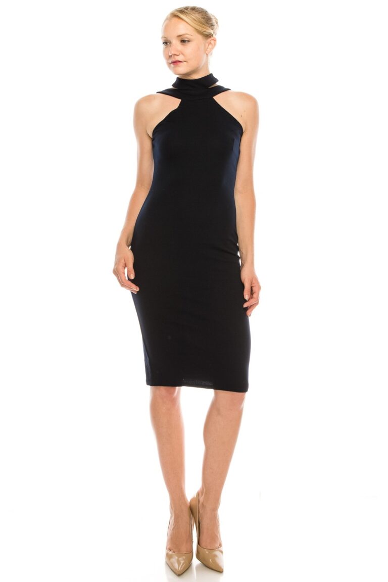 Bebe Crepe Mock Neck Black Dress - Scarfanatics